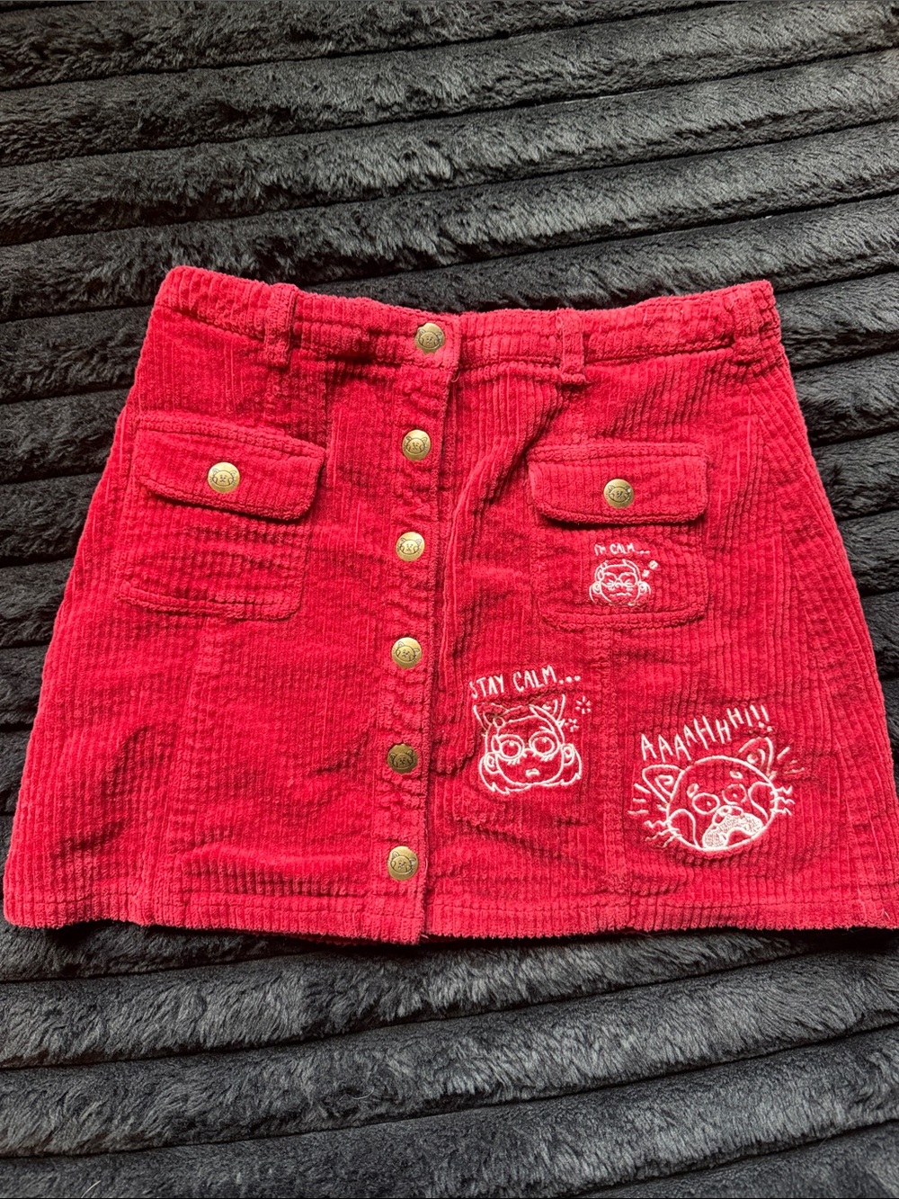 Red Corduroy Button-Front Mini Skirt with Embroidered Graphics
